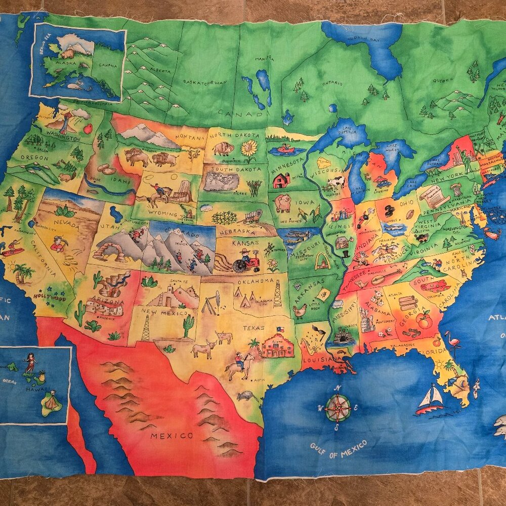 Map of USA Fabric Panel for Hanging, Quilts, etc Never used